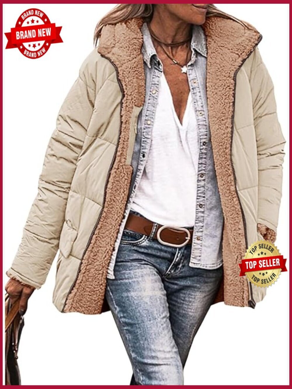 Reversible Sherpa Lined Puffer Jacket Zip Up Hooded Warm Winter Coat